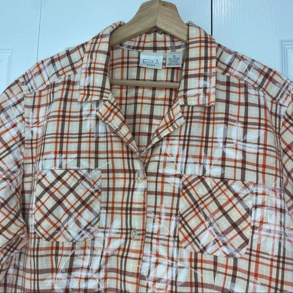 Erika Plaid Cotton Button up Orange Brown Beige Short Sleeve Shirt… - Picture 3 of 8